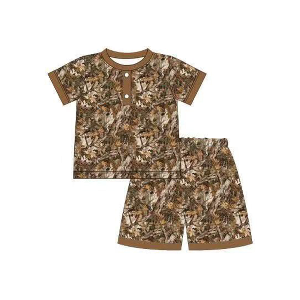 ( Moq 5 ) Preorder Baby Boys Short Sleeves Buttons Shirt Shorts Camo Leaves Pajamas Set