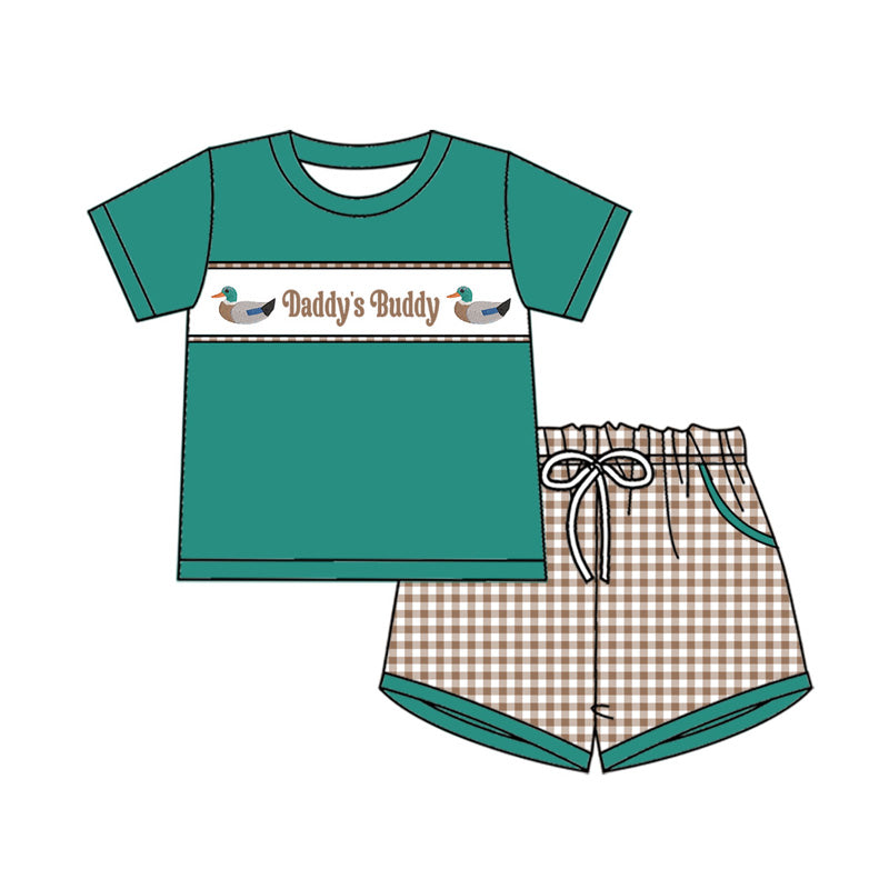 ( Moq 5 ) Preorder Baby Boys Short Sleeves Ducks Daddy Buddy Green Shirt Plaid Pockets Shorts Set