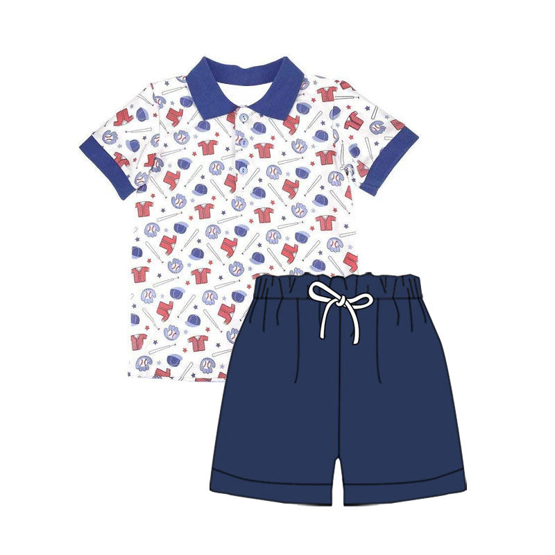 ( Moq 5 ) Preorder Baby Boys Short Sleeves Baseball Buttons Shirt Navy Pockets Shorts Outfit