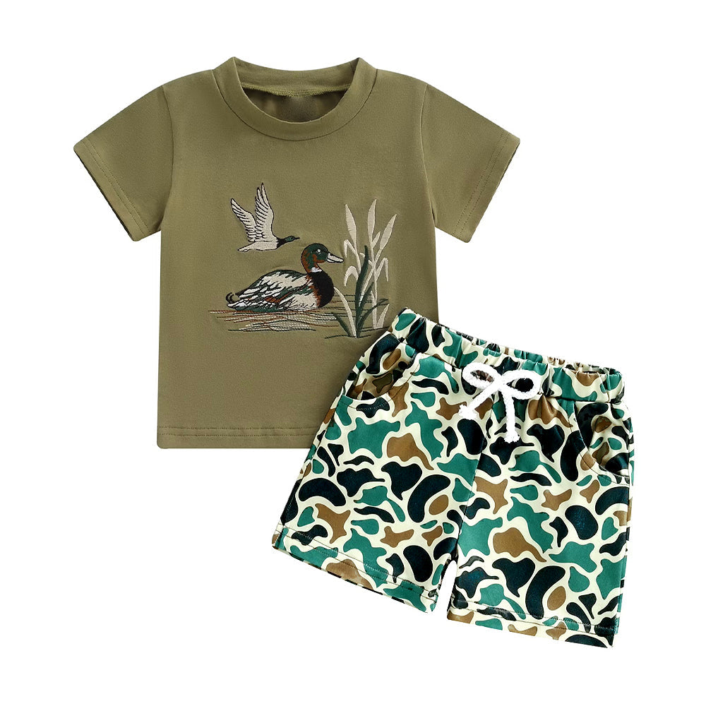 ( Moq 5 ) Preorder Baby Boys Green Short Sleeves Ducks Shirt Camo Pockets Shorts Outfit