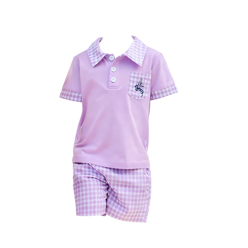 ( Moq 5 ) Preorder Baby Kids Toddler Short Sleeves Buttons Shirt Pockets Shorts Purple Clothes Set