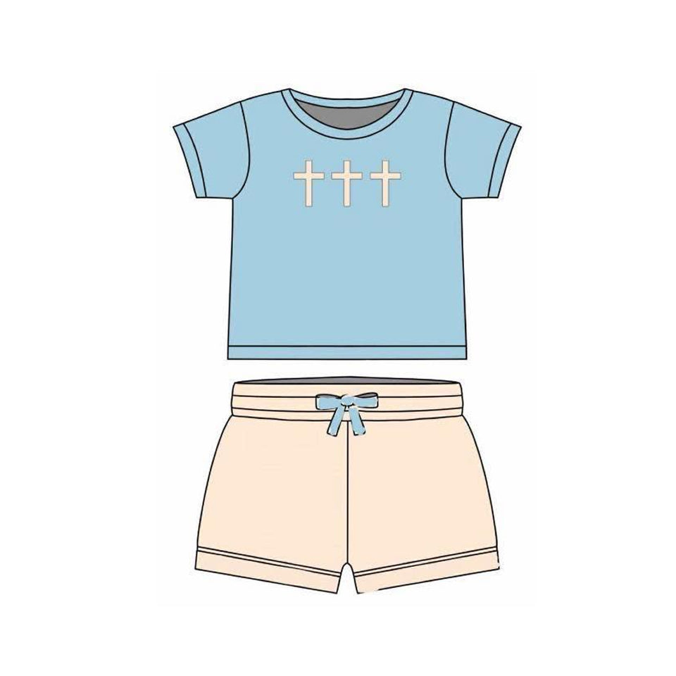 ( Moq 5 ) Preorder Baby Boys Short Sleeves Crosses Shirt Shorts Easter Clothes Set