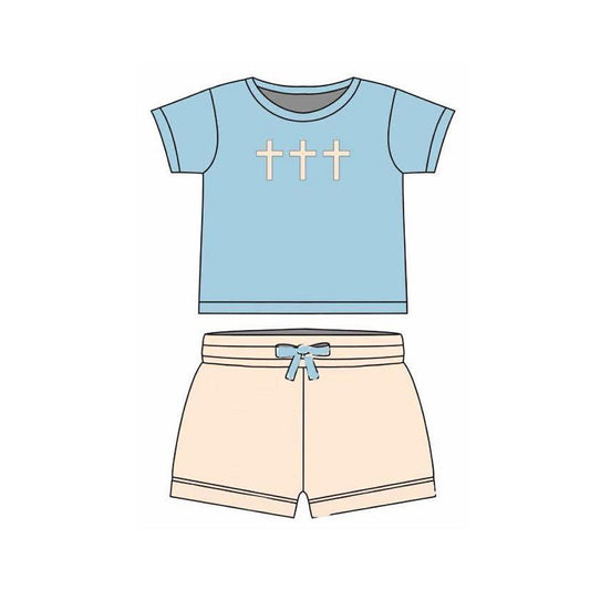( Moq 5 ) Preorder Baby Boys Short Sleeves Crosses Shirt Shorts Easter Clothes Set