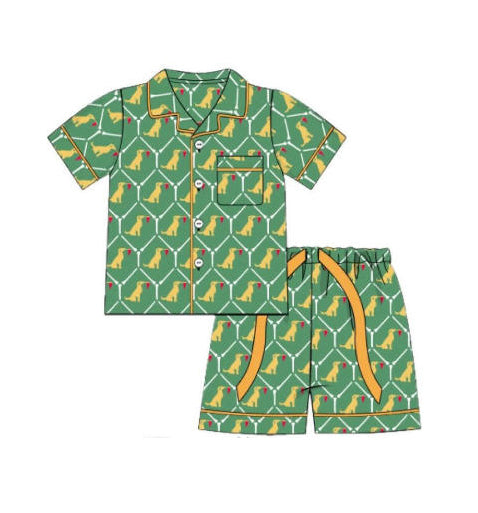 ( Moq 5 ) Preorder Baby Boys Short Sleeve Dogs Flags Buttons Shirt Shorts Green Pajamas Set