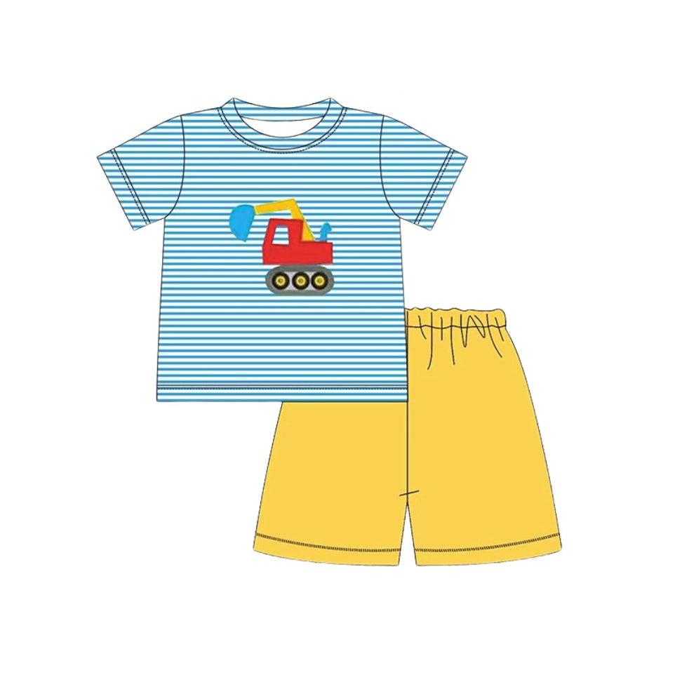 ( Moq 5 ) Preorder Baby Boys Stripes Short Sleeves Construction Shirt Yellow Shorts Clothes Set
