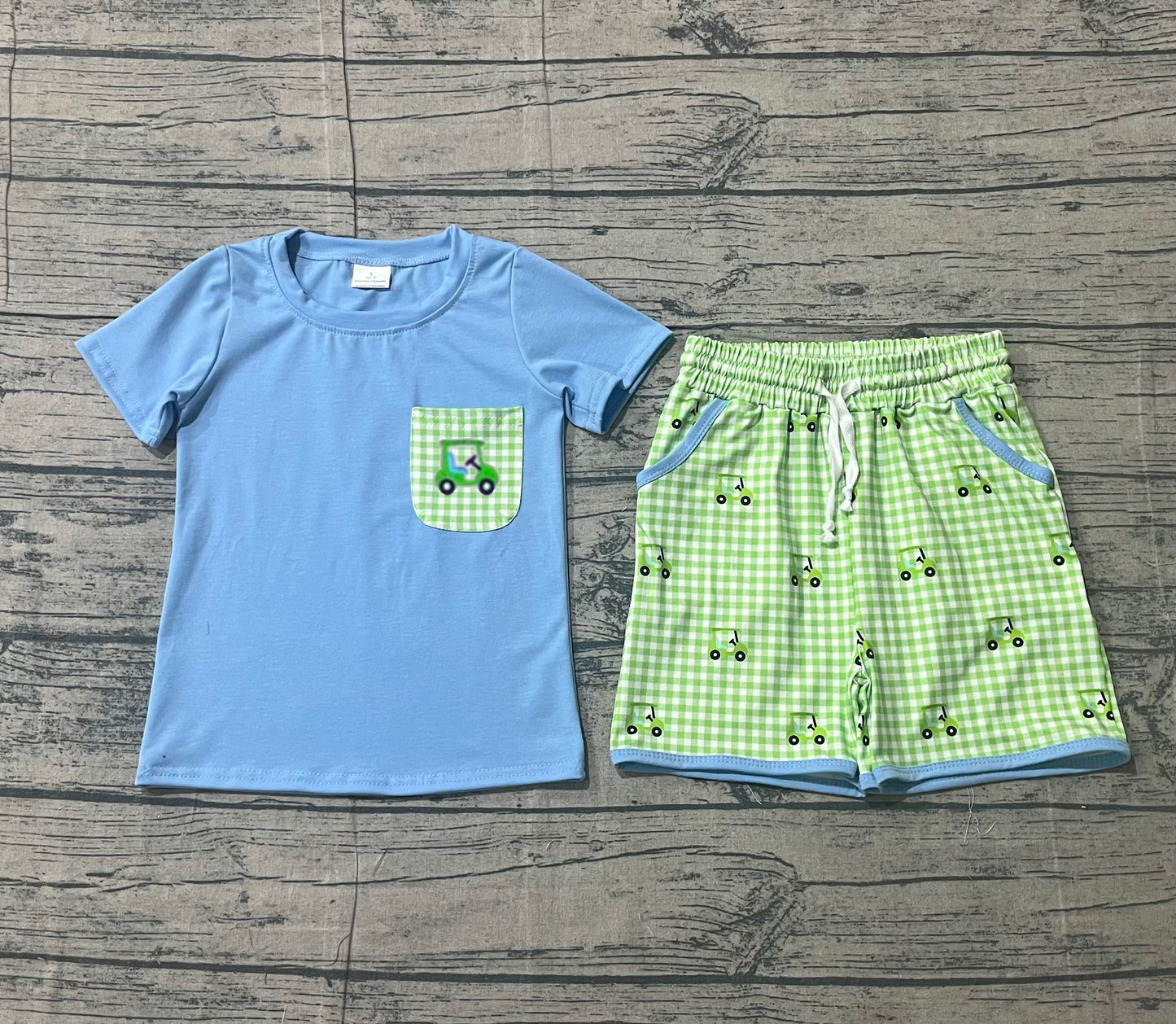 ( No moq ) Preorder Baby Boys Short Sleeves Shirt Embroidery Golf Plaid Pockets Shorts Clothes Set