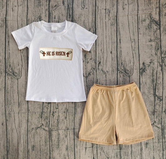 ( No moq ) Preorder Baby Boys Short Sleeves Embroidery He is Risen Cross Shirt Shorts Easter Set