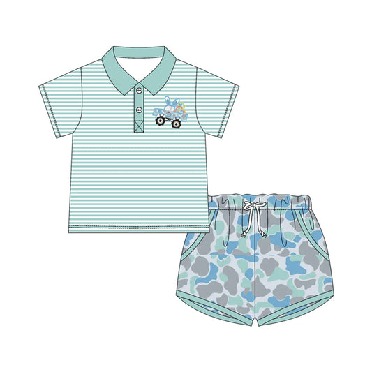 ( Moq 5 ) Preorder Baby Boys Short Sleeves Rabbit Truck Eggs Stripes Buttons Shirt Camo Pockets Shorts Easter Set