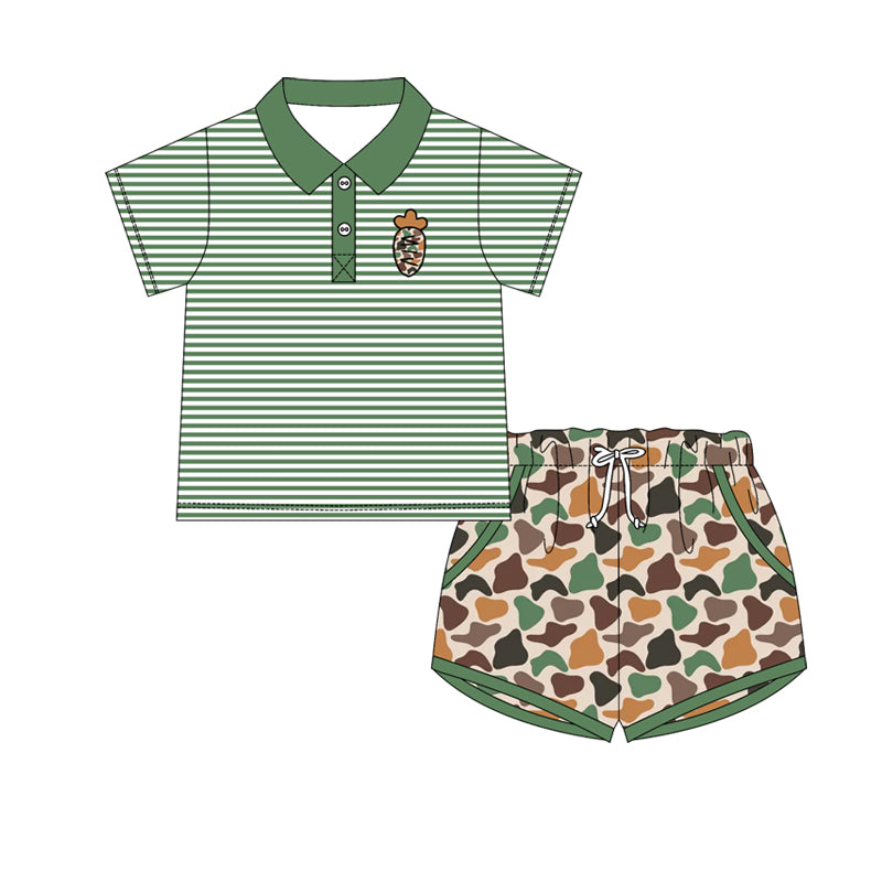 ( Moq 5 ) Preorder Baby Boys Short Sleeves Carrot Stripes Buttons Shirt Camo Pockets Shorts Easter Set