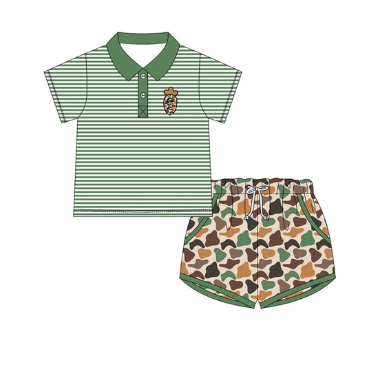 ( Moq 5 ) Preorder Baby Boys Short Sleeves Carrot Stripes Buttons Shirt Camo Pockets Shorts Easter Set