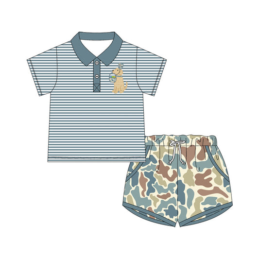 ( Moq 5 ) Preorder Baby Boys Short Sleeves Dog Rabbit Eggs Stripes Buttons Shirt Camo Pockets Shorts Easter Set