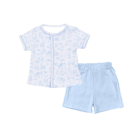 ( Moq 5 ) Preorder Baby Boys Short Sleeves Horse Cactus Shirt Blue Shorts Western Clothes Set