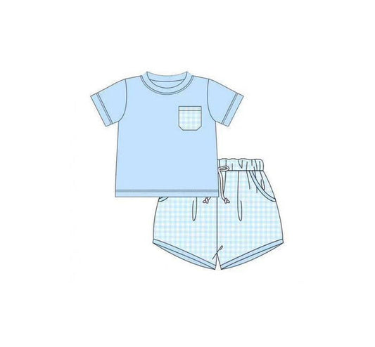 ( Moq 5 ) Preorder Baby Boys Kids Blue Short Sleeves Shirt Plaid Pockets Shorts Outfit Set