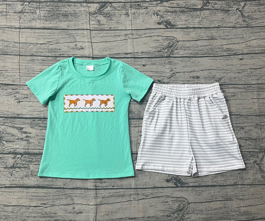 ( No moq ) Preorder Baby Boys Short Sleeves Embroidery Dogs Shirt Stripes Pockets Shorts Set