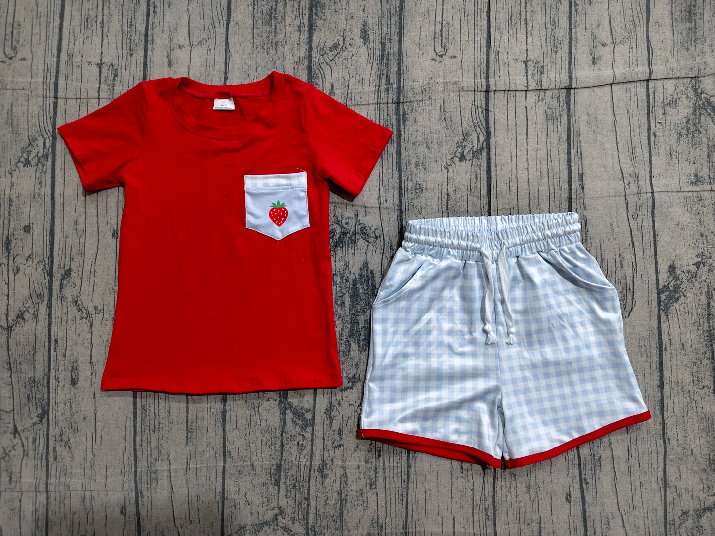 Baby Boys Short Sleeves Strawberry Red Shirt Plaid Pockets Shorts Clothes Set