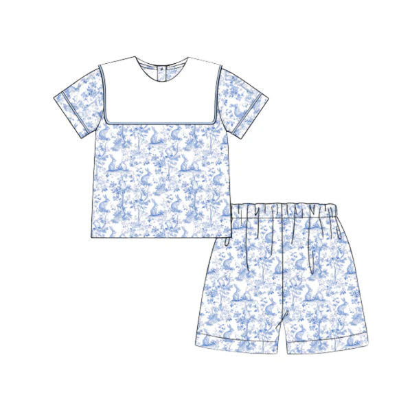 ( Moq 5 ) Preorder Baby Girls Short Sleeves Rabbits Blue Floral Shirt Shorts Easter Set