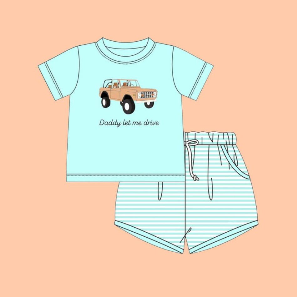 ( Moq 5 ) Preorder Baby Boys Short Sleeves Truck Daddy Shirt Stripes Pockets Shorts Clothes Set