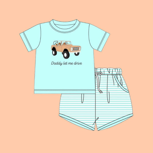 ( Moq 5 ) Preorder Baby Boys Short Sleeves Truck Daddy Shirt Stripes Pockets Shorts Clothes Set