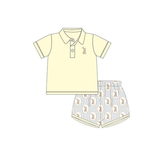 ( Moq 5 ) Preorder Baby Boys Yellow Buttons Shirt Rabbits Stripes Shorts Easter Clothes Set