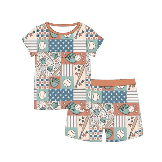( Moq 5 ) Preorder Baby Boys Kids Short Sleeves Baseballs Stars Plaid Shirt Shorts Pajamas Set