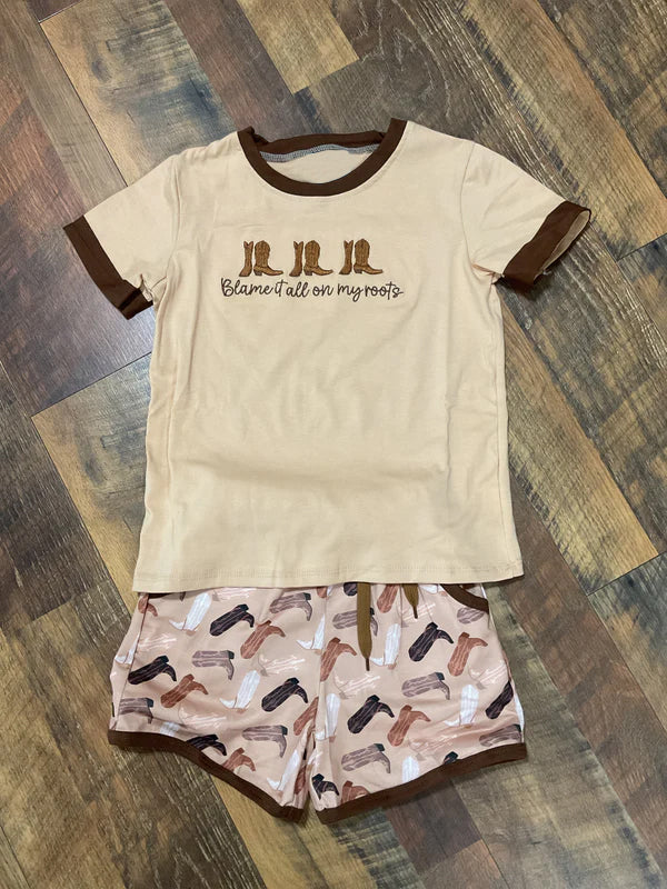 ( Moq 5 ) Preorder Baby Boys Short Sleeves Boots Shirt Pockets Shorts Western Clothes Set