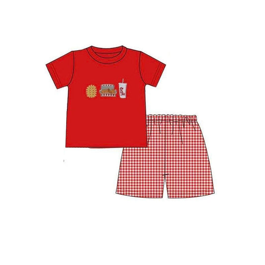 ( Moq 5 ) Preorder Baby Boys Red Short Sleeves Chicken Shirt Plaid Shorts Clothes Set