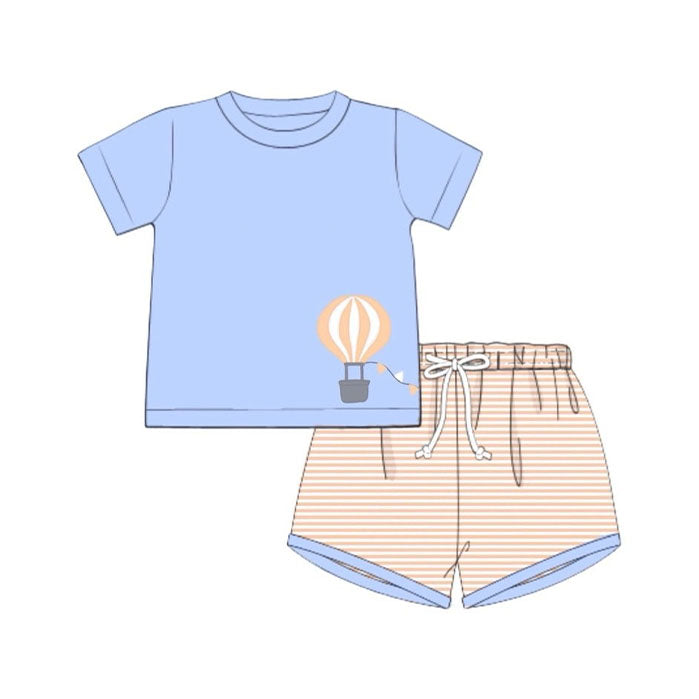 ( Moq 5 ) Preorder Baby Boys Short Sleeves Balloons Blue Shirt Stripes Shorts Clothes Set