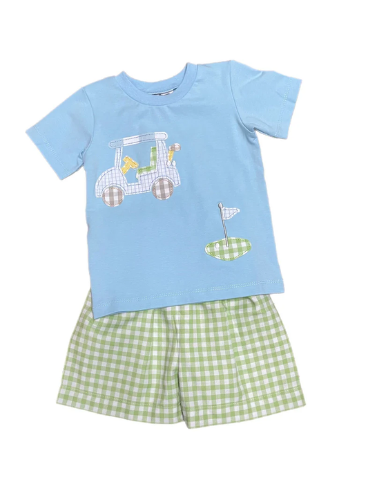 ( Moq 5 ) Preorder Baby Boys Blue Short Sleeves Golf Shirt Plaid Shorts Clothes Set