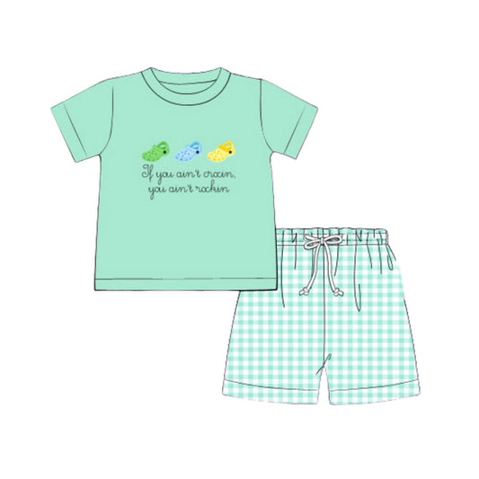 ( Moq 5 ) Preorder Baby Boys Short Sleeves Shoes Shirt Plaid Shorts Green Clothes Set