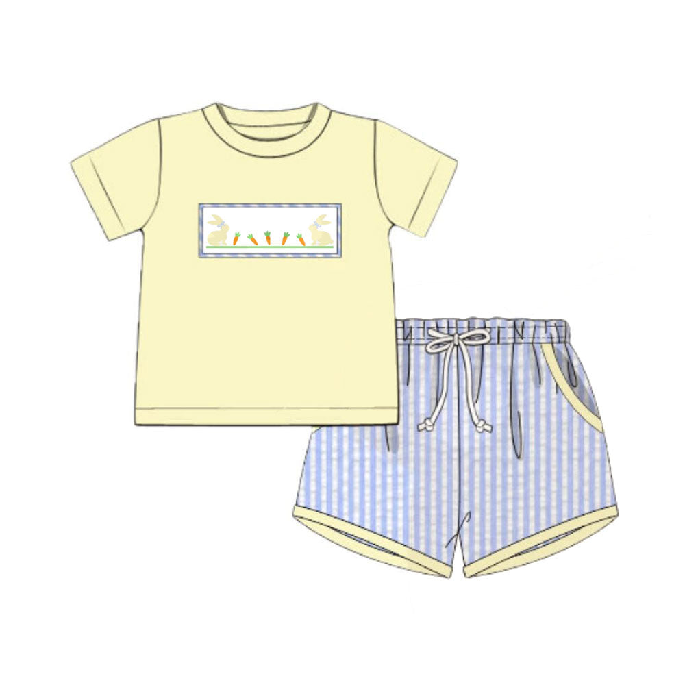( Moq 5 ) Preorder Baby Boys Rabbits Carrots Shirt Stripes Pockets Shorts Easter Clothes Set