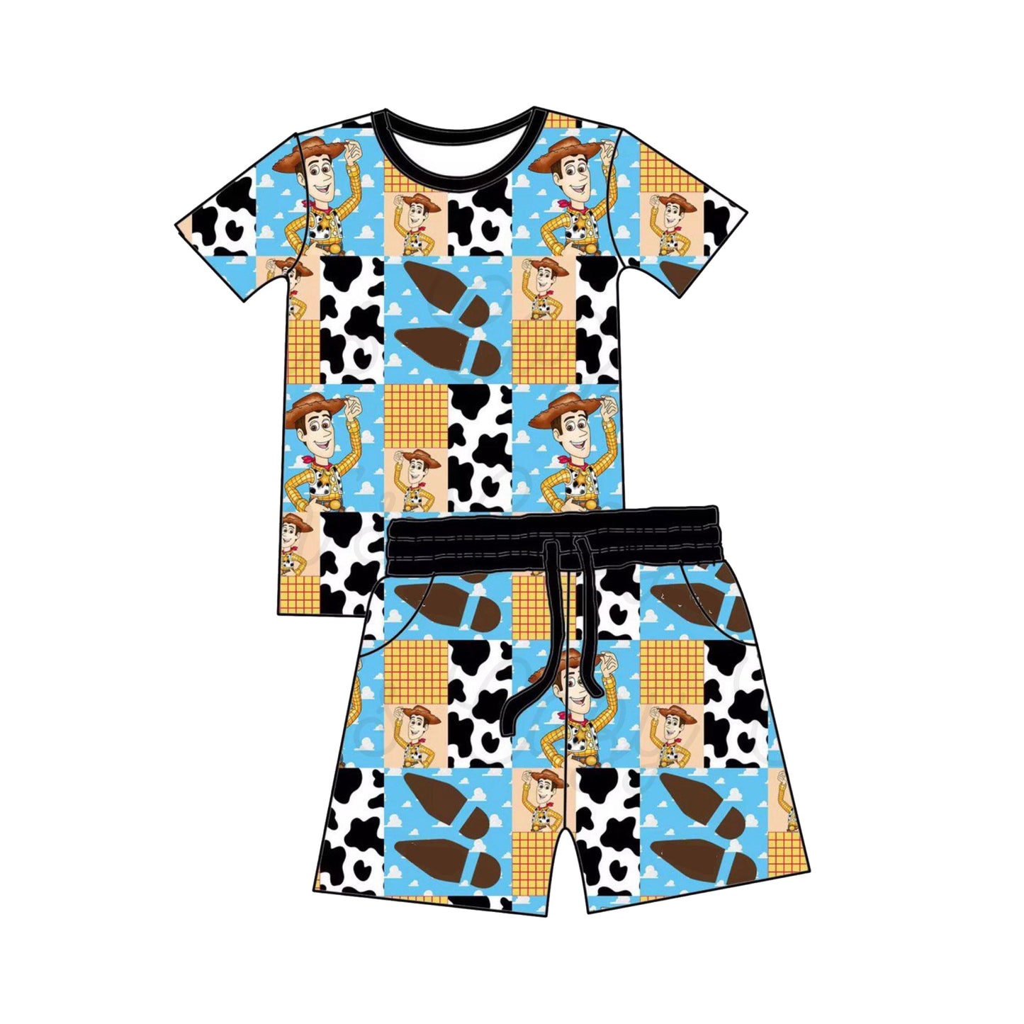 ( Moq 5 ) Preorder Baby Boys Short Sleeves Cow Print Shirt Pockets Shorts Cartoon Set