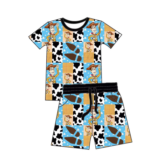 ( Moq 5 ) Preorder Baby Boys Short Sleeves Cow Print Shirt Pockets Shorts Cartoon Set