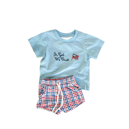 ( Moq 5 ) Preorder Baby Boys Blue Short Sleeves Flag Shirt Plaid Pockets Shorts 4th of July Set