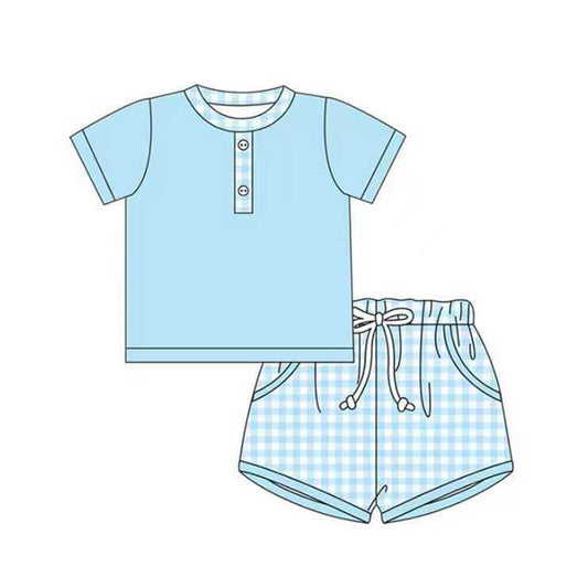 ( Moq 5 ) Preorder Baby Boys Blue Short Sleeves Buttons Shirt Plaid Pockets Shorts Set