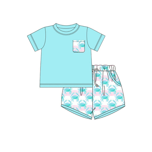 ( Moq 5 ) Preorder Baby Boys Blue Short Sleeves Shirt Crabs Pockets Shorts Clothes Set