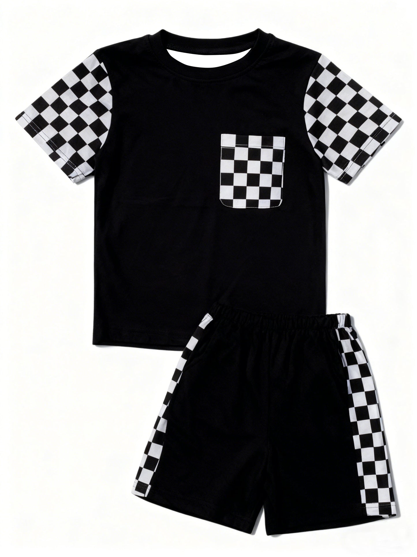 ( Moq 5 ) Preorder Baby Boys Checked Short Sleeves Pocket Shirt Black Shorts Clothes Set