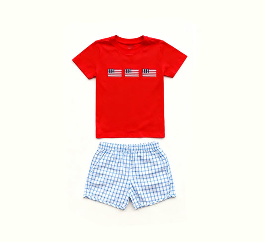 ( Moq 5 ) Preorder Baby Boys Red Short Sleeves Flags Shirt Blue Plaid Shorts 4th of July Clothes Set