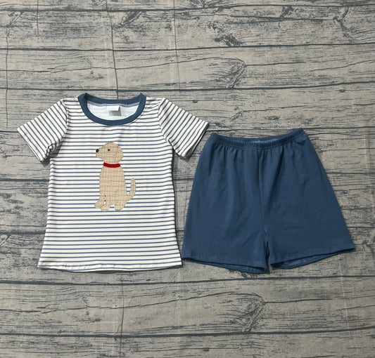 ( No moq ) Preorder Baby Boys Stripes Short Sleeves Embroidery Dog Shirt Shorts Summer Clothes Set
