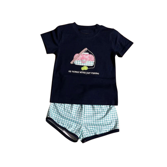 ( Moq 5 ) Preorder Baby Boys Short Sleeves Fishing Shirt Blue Plaid Shorts Clothes Set