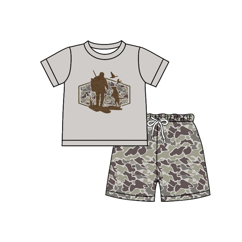 ( Moq 5 ) Preorder Baby Boys Short Sleeves Dogs Ducks Shirt Dark Grey Camo Shorts Hunting Clothes Set