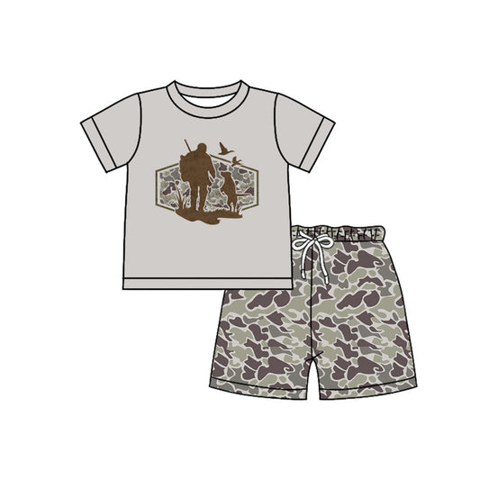 ( Moq 5 ) Preorder Baby Boys Short Sleeves Dogs Ducks Shirt Dark Grey Camo Shorts Hunting Clothes Set