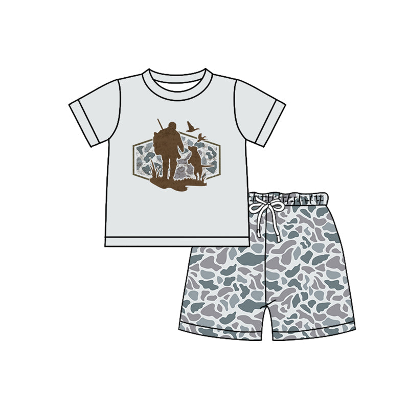 ( Moq 5 ) Preorder Baby Boys Short Sleeves Dogs Ducks Shirt Grey Camo Shorts Hunting Clothes Set