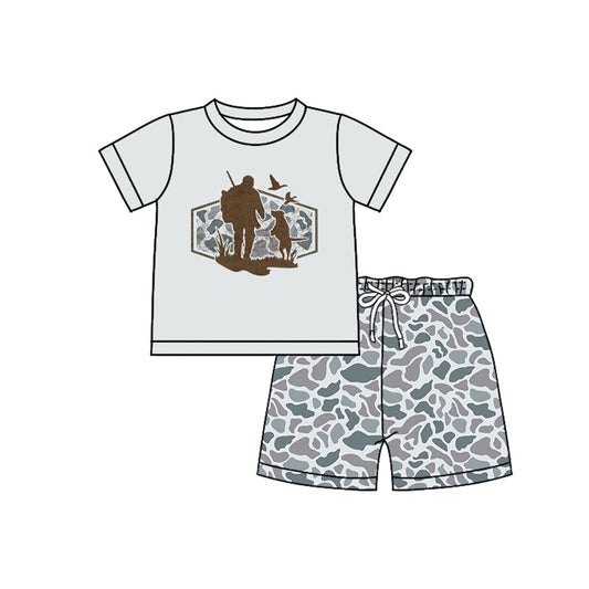 ( Moq 5 ) Preorder Baby Boys Short Sleeves Dogs Ducks Shirt Grey Camo Shorts Hunting Clothes Set