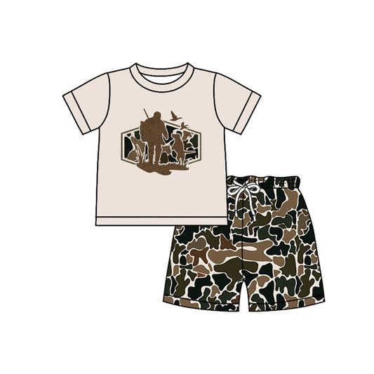 ( Moq 5 ) Preorder Baby Boys Short Sleeves Dogs Ducks Shirt Brown Camo Shorts Hunting Clothes Set
