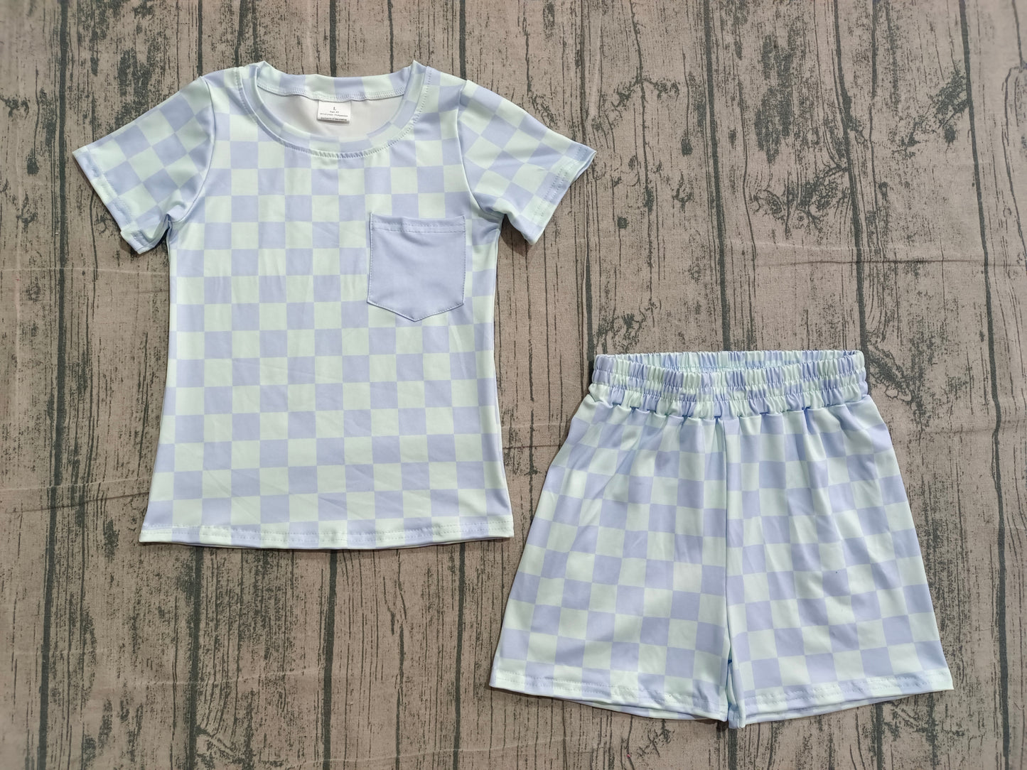 Baby Boys Short Sleeves Blue Checked Pocket Shirt Shorts Clothes Set RTS