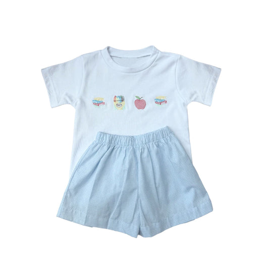( Moq 5 ) Preorder Baby Boys Short Sleeves Pencil Books Shirt Blue Shorts Back to School Clothes Set