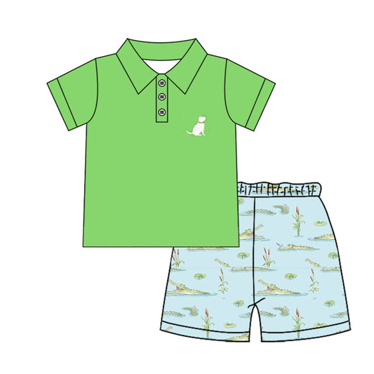 ( Moq 5 ) Preorder Baby Boys Green Short Sleeves Dog Buttons Shirt Crocodiles Shorts Clothes Set