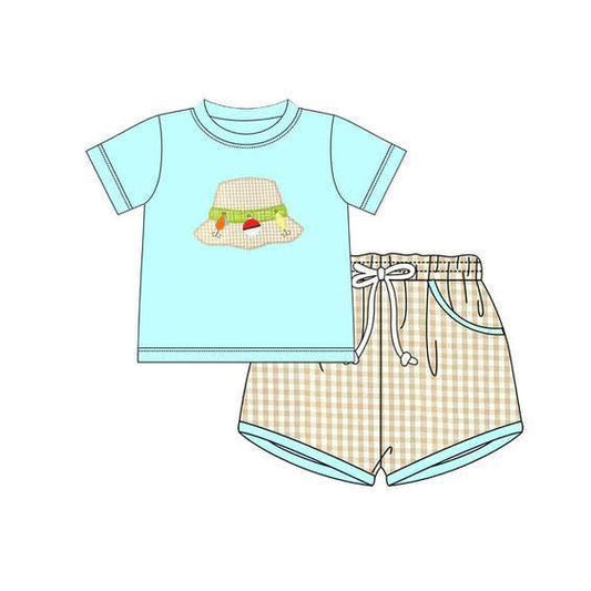 ( Moq 5 ) Preorder Baby Boys Short Sleeves Hat Shirt Plaid Pockets Shorts Fishing Clothes Set