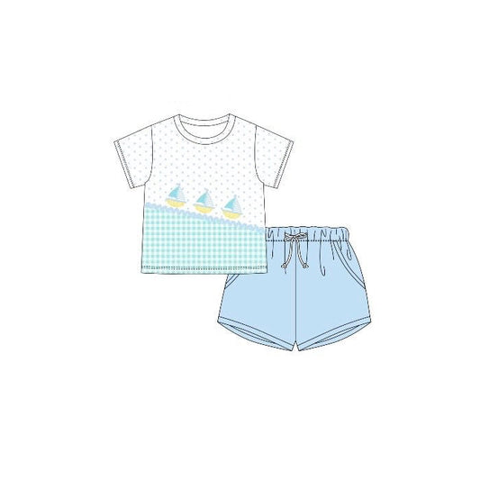 ( Moq 5 ) Preorder Baby Boys Short Sleeves Boats Plaid Dots Shirt Pockets Shorts Clothes Set