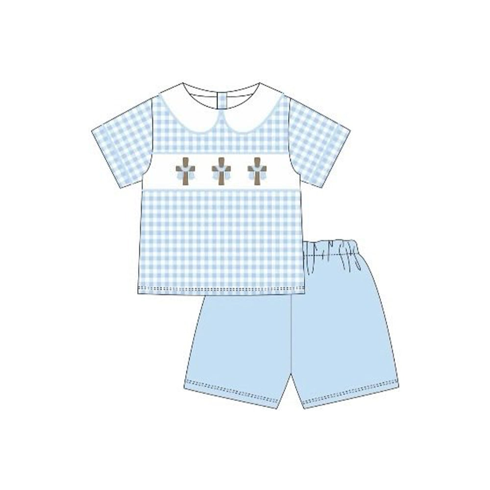 ( Moq 5 ) Preorder Baby Boys Short Sleeves Crosses Plaid Shirt Blue Shorts Easter Clothes Set